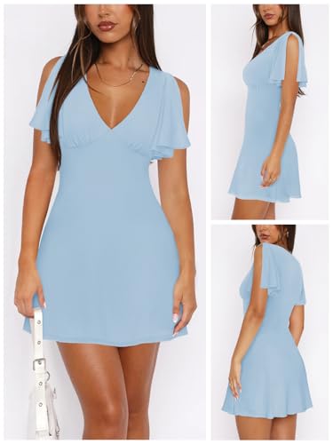 Image of MIYIEONZ Women's Sexy Deep V-Neck Ruffle Sleeve Mini Dresses Summer Casual Bodycon Beach Cocktail Party Club Short Dress