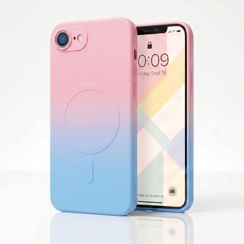 Image of amazon basics Gradient Mag-Safe Case for iPhone 16E | Soft Silicone Shockproof Cover with Camera Protection | Slim Lightweight Design | Smooth Touch & Durable - Pink & Blue
