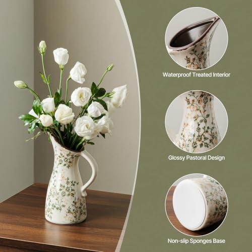 Image of Ceramic Flower Vase | Green Rustic Farmhouse Pitcher Vase for Home Decor, Vintage Floral Tuscan Decorative Vase for Living Room & Kitchen, Mantel & Bookshelf, Centerpieces, Entryway, Wedding(7.3 Inch)