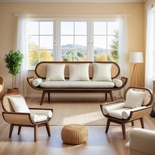 Image of Modern Rattan Cane Sofa with Curved Arms Wooden Frame, Beige Cushions and Throw Pillows Sofa for Living Room, Bedroom, Hallways (3+1+1 Seater)