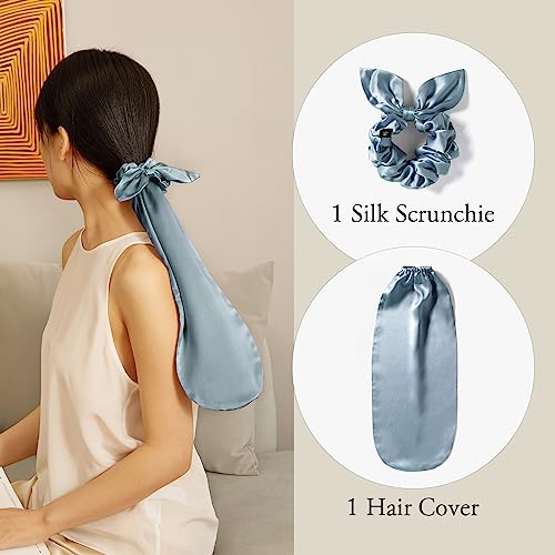 Image of LILYSILK 100% Silk Bonnet for Sleeping & Daily Usage, 2-in-1 Silk Hair Ties with Silk Scrunchies for Long and Curly Hair Elastic Adjustable for Women Ladies and Girls Blue Haze