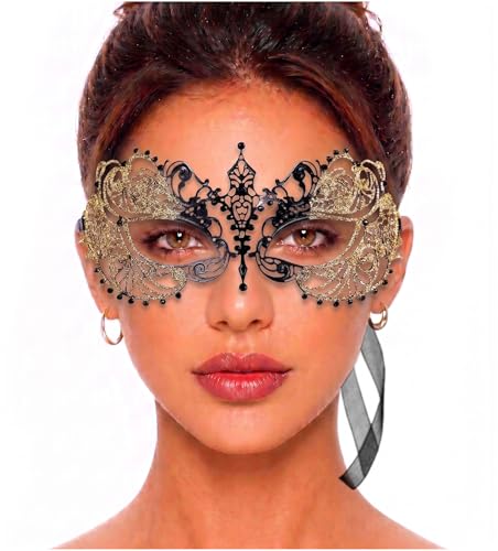 Image of Masquerade Mask for Women with Rhinestones - Elegant Metal Half Face Mask for Masquerade Parties, Mardi Gras, & Themed Events