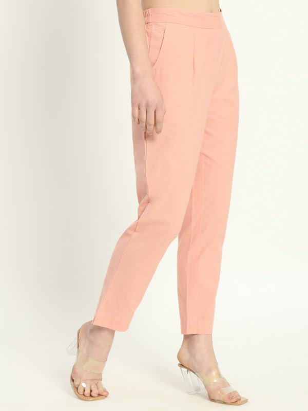 Image of Women's Solid Straight Fit 100% Cotton Trousers | High Waist, Side Pockets, Ankle Length Pants for Office, Casual