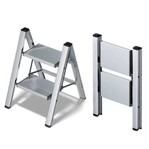 Taranta 2 Step Ladder,Aluminum Lightweight Folding 2 Step Stool with Anti-Slip Wide Pedal,330lbs Capacity Step Ladder for Household,Kitchen,Office - Silver