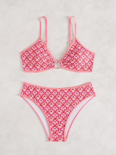 Image of Fanuerg Women's Triangle Bikini Sets O Ring Linked Two Piece Swimsuits Floral Printed Cheeky Bathing Suit