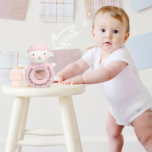 Image of Karenhi Lamb Pink Stuffed Animal Little Stuffed Animal Praying Baptism Soft Plush Snuggle God's Toy Embroidered Religious Gifts for Boys Girl Baby Shower Mom Barnyard Nursery Decor Doll Toy