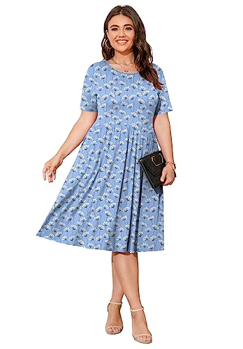 Image of POSESHE Womens Plus Size Summer Dress 2026 Casual Short Sleeve Empire Waist Loose Fit Swing T-Shirt Dress with Pockets