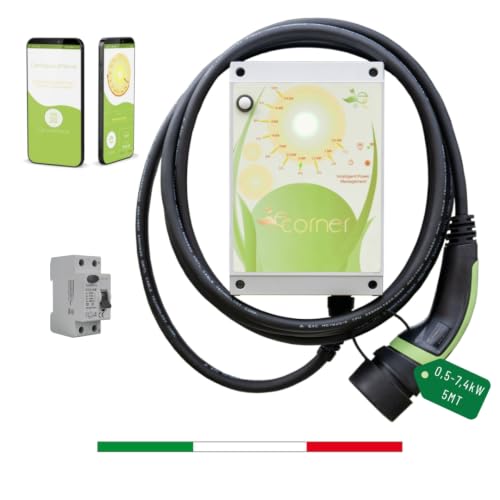 Wallbox Made in Italy 7,4 kW Type 2 Interrupteur magnéto-thermique, câble 5 m intégré, monophasé, avec WiFi et application, E-Home Cable Full Wallbox Station de charge domestique, bonus 80 % ARERA GSE