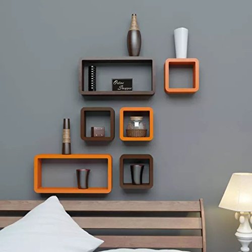 Image of Onlineshoppee Engineered Wood Cube Floating Wall Shelf (Orange) - Set of 6