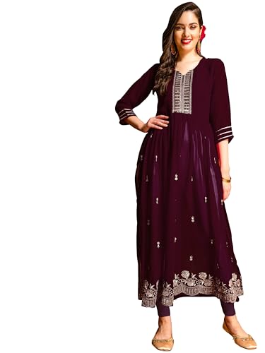 Image of EthnicJunction Women's Georgette Relaxed Fit A Line Embroidered Naira Cut A-Line Kurta | Karva Chauth Special Kurta