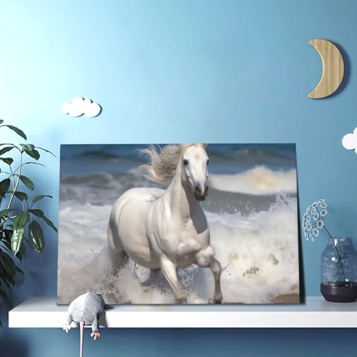 Cheval blanc courant sur la mer impression sur toile encadrée de qualité supérieure - 6