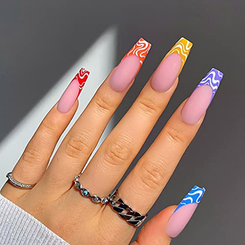 RikView Press on Nails Long Fake Nails French Coffin Nails Rainbow Matte Acrylic Nails for Women with Swirls Design