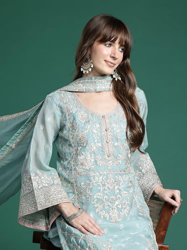 Image of INDO ERA Women's Straight Organza Ethnic Motifs Embroidered Kurta and Pant with Dupatta Set (KH9PH10614)
