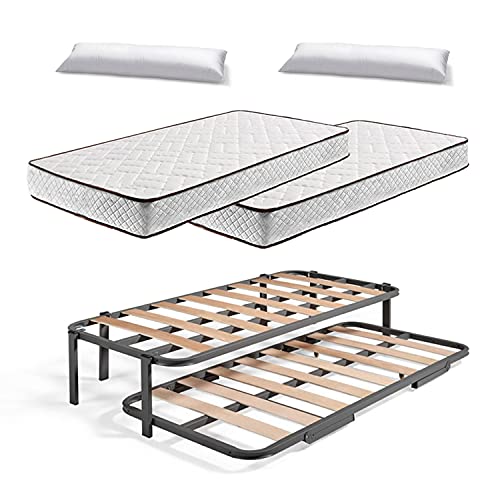 HOGAR24 ES Lit gigogne métallique renforcé avec 6 Pieds + 2 Matelas Flexitex + 2 oreillers en Fibre Toucher Plume, 90 x 190 cm, Polyester, 90X190 cm
