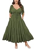 CICIDUDU Plus Size Casual Summer Boho Maxi Dress for Curvy Women Short Sleeve Tiered Flowy A-line Long Dress with Pockets Green