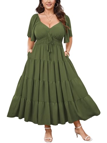 CICIDUDU Plus Size Casual Summer Boho Maxi Dress for Curvy Women Short Sleeve Tiered Flowy A-line Long Dress with Pockets Green