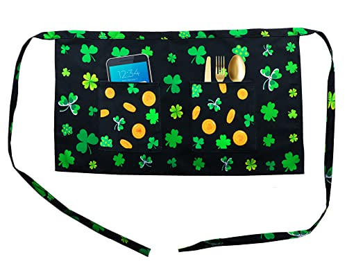 Wiooffen St. Patrick's Day Schürze mit halber Taille mit zwei Vordertaschen, Unisex, irische Kleeblätter für Zuhause und Küche, Geschenk. Einheitsgröße,schwarz, Einheitsgröße Cover