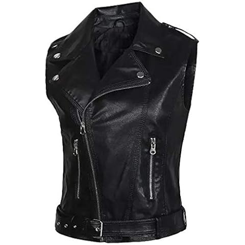 Kedera Womens Motorcycle Biker Faux Leather Sleeveless Vest Jacket Slant Zip with Pockets - Black - Medium Cover