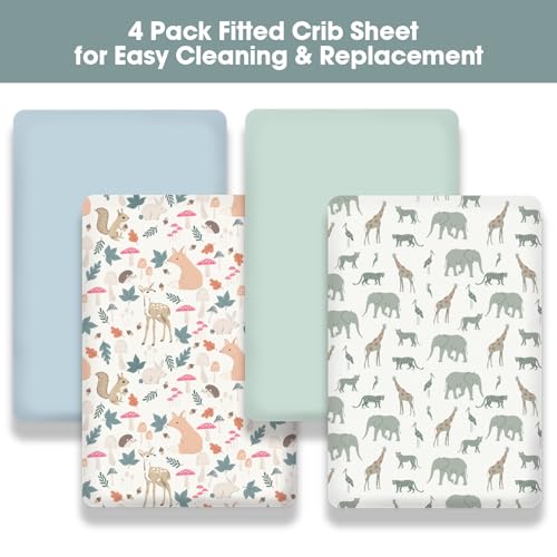 Image of Little Grape Land Crib Sheets 4 Pack for Boys and Girls, Baby Neutral Crib Fitted Sheets for Standard Crib & Toddler Mattress, Super Soft Breathable Fitted Crib Sheet Set, Safari & Squirrel