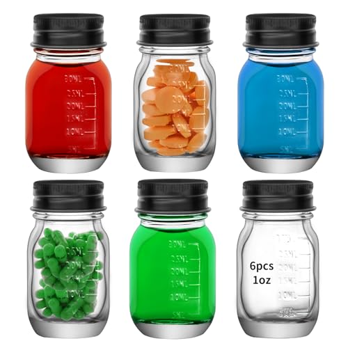 REUJIHXY 6Pcs 1oz Glass medicine bottles 30ml with Black Screw Caps Clear Glass Vials Leak-Proof Bottle Small Liquid Sample Vial Leak-Proof Vial (6)