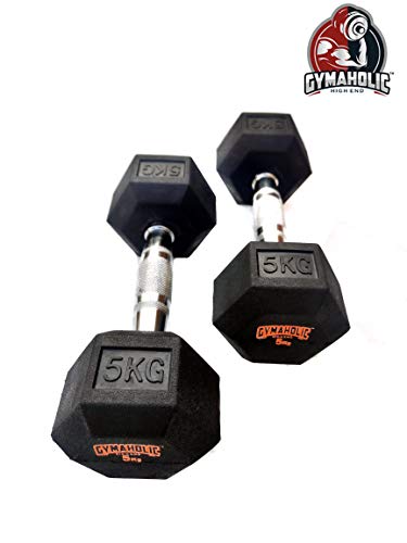 Image of Gymaholic Dumbbell, Hexa Rubber Dumbbell with Metal Handles, Single & Pair, Dumbbells in Weights 5 KG Pair