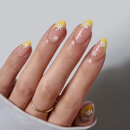 BTArtbox French Tip Press On Nails - Lamp-Curable Short Almond Press On Nails with Glue for Women Semi-Transparent Soft Gel Glue On Nails in 16 Sizes - 32 Stick On Nails Kit Daisy