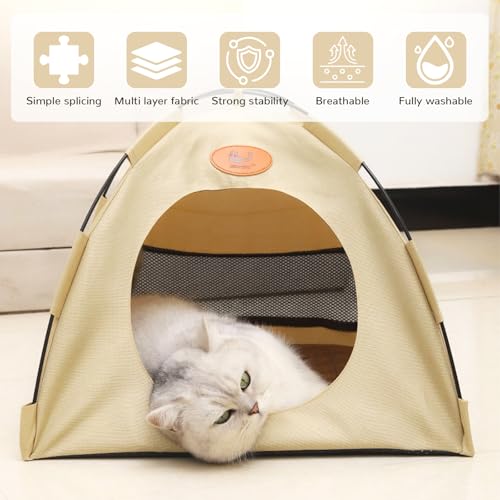 Premium Katzen Kühlzelt, Katze und Hund Zelt, Tragbares Kühlhaus für Katzen, Kühlhaus Katze aus Atmungsaktivem Material, Waschbar & Leicht, Kann Drinnen Und Draußen Verwendet Werden (Beige, M)