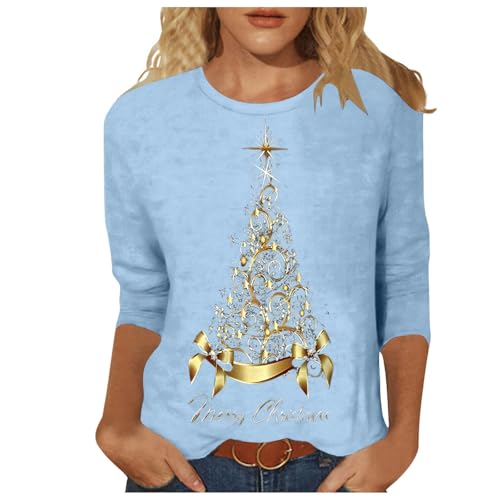 Generisch Camiseta de Navidad para mujer con diseño de árbol de Navidad brillante, manga cuartos, cuello redondo, suéter acogedor, túnica informal, azul celeste, M