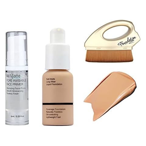 1 Makeup Foundation 1 Makeup Brushes 1 Makeup Primer Set Full Coverage 24hr Long Lasting Waterproof Face Primer Oil Control Foundation For Women Oily Skin Concealers Makeup Pack (104) Cover