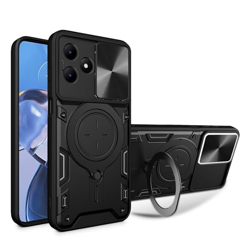 ILING Funda para Realme Note 50 / Realme C53 / Realme C51, Textura de Metal Dura Mate PC Carcasa, Silicona TPU Bumper Antigolpes Cubierta con Anillo Soporte y Tapa Cámara Deslizante (Negro)