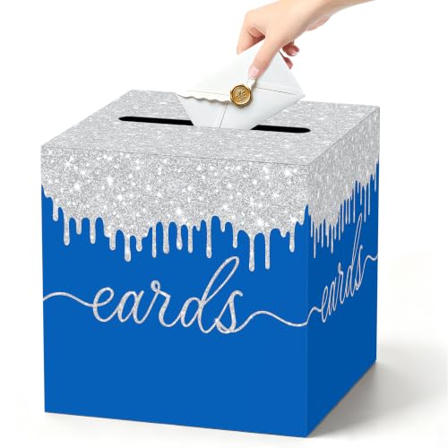 Image of Blue Silver Card Box with Slot for Graduation, Wedding and Birthday Party