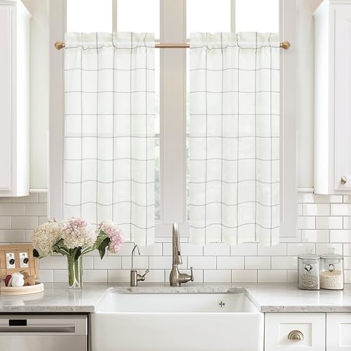 DriftAway Kitchen Curtains Striped Tier Linen Short Curtains Windowpane Plaid Cafe 45 Inch Length for Living Room Bathroom Chris Farmhouse Rustic Rod Pocket 2 Panels Gray by DriftAway - Used condition - US$9.48