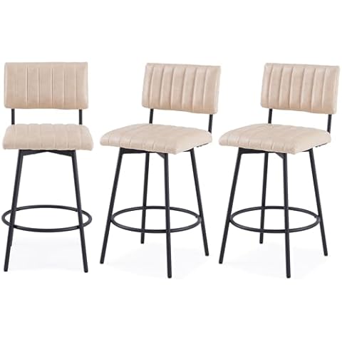 MILCIL Swivel Counter Height Bar Stools with Back Set of 3, Upholstered 26'' Counter Stools with Metal Frame, Faux Leather Sand Grey Cover