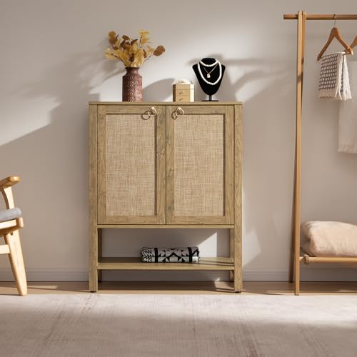 Image of SICOTAS Rattan Shoe Cabinet with Storage - 5 Tier Farmhouse Boho Shoe Organizer Storage Cabinet with Shelves & Doors, Tall Shoe Rack Cabinet for Entryway, Living Room, Closet (Carbon Cherry)