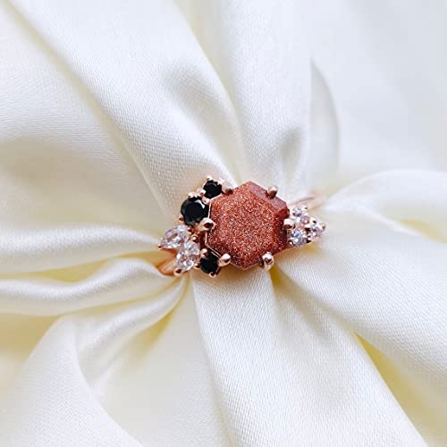 Rings For Women Gold Sandstone Ring, Hexagon Cut Ring, Galaxy Ring, Outer Space Ring, Nebula Ring, Bridal Ring, Rose Gold,White,Brown,Silver2