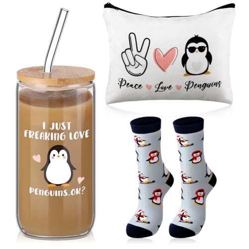 Layhit 3 Pcs Penguin Gifts for Women Thank You Gift 16 oz Coffee Glass Cosmetic Makeup Bag...