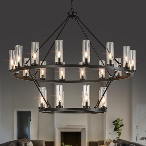 Image of 48 Inch Large Black Wagon Wheel Chandelier with Clear Glass Shade 2 Tier 24-Lights Round Pendant Light Farmhouse Industrial Chandeliers Dining Room Light Fixture for Stair Living Room Foyer