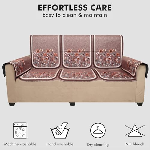 Image of Velvet Single Seater Sofa Cover with 2 Seat and Back Covers, 2 Hand Rest Covers - Floral Design - Washable Fabric - Stylish Sofa Cover for Modern Living Room (Brown, 1 Seater With Arm Cover)