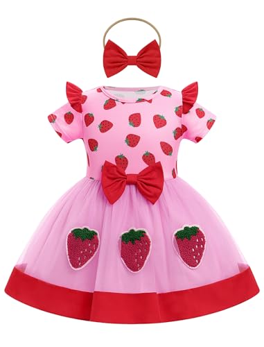 ODASDO Baby Girls Strawberry Bee Cow Birthday Cake Smash Outfit Short Sleeve Dress with Bowknot Headband Set