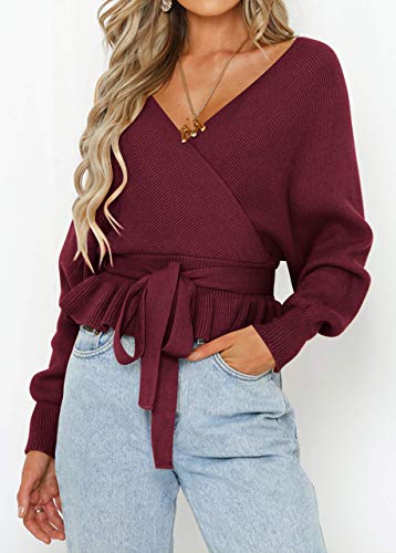Image of ZESICA Women's Fall 2026 Wrap V Neck Long Batwing Sleeve Belted Waist Ruffle Knitted Sweater Pullover Top