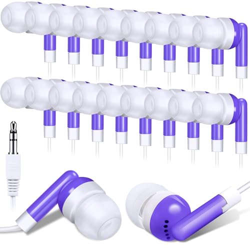 Image of Konohan 100 Pcs Bulk Earbuds with Wire Basic Headphones in Ear for Libraries Laptop, No Microphone 3.5 mm Jack Earbuds Dot Headphones, Individually Bagged (Purple)