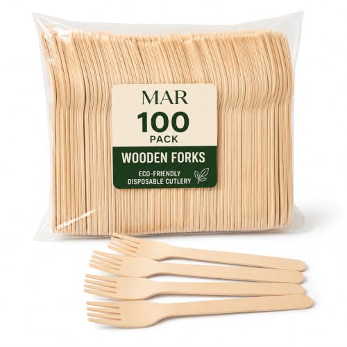 MAR Wooden Forks 100 Pack Disposable Cutlery Compostable for Parties BBQ