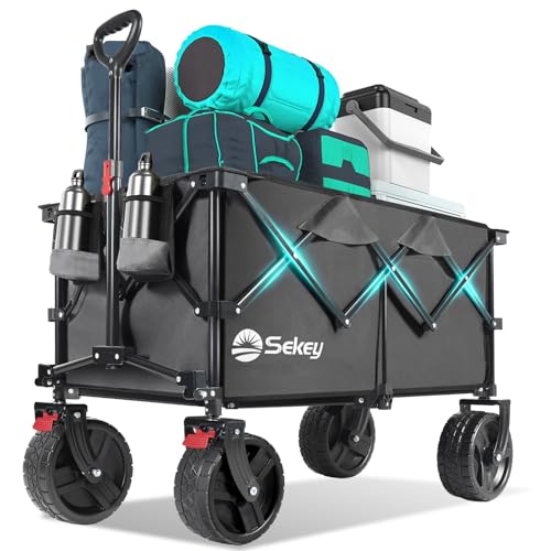 Sekey 220L Wagons Carts Foldable with Big All-Terrian Beach Wheels, Collapsible Heavy DutyWagon with Cup Holders, Extra Large Folding Wagon,Foldable Wagon for Camping, Garden, Sports. Grey