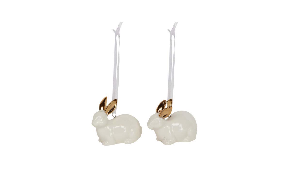 Gisela Graham White Small Hanging Ceramic Bunny/Rabbit With Gold Ears