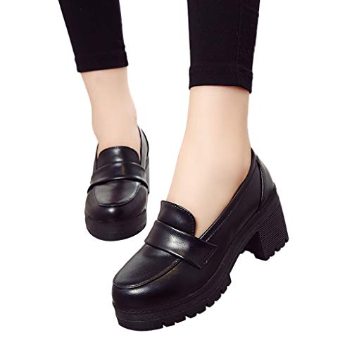 Behkiuoda Women Flat Shoes Retro Pumps Loafers Ladies PU Leather Ankle Work School Shoes Black