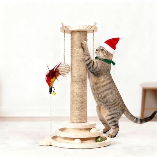 MORA PETS Cat Scratching Post for Indoor Cats with Solid Wooden Base Cat Scratche Post with Interactive Track Ball Toys Kitten Small Scratcher Post Funny Cat Scratch Pole 45cm
