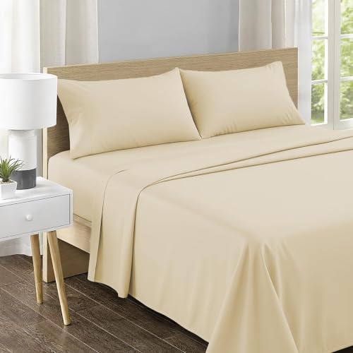 Image of Feather & Stitch 500 TC California King Size 4pc Damask Bed Sheet Set, 100% Soft Cotton Breathable Bedsheets, 18 inch Deep Pockets Sateen Weave Solid Bedding Mattress - (Solid Beige)