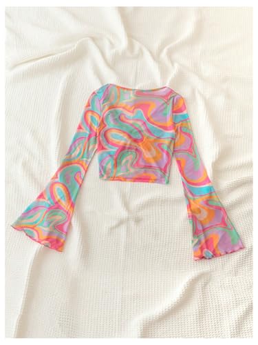 WDIRARA Girl's Rainbow Wave Print Fitted Shirt Bell Long Sleeve Tees Cutout Tie Front Crop Top2