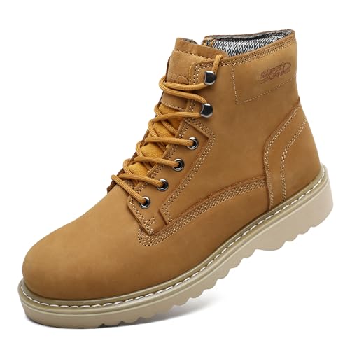 SAFETY LOONG 6' Soft Toe Work Boots for Men Welt Construction, Lightweight Utility Nubuck Leather Shoes, Speed Hooks & Side Zipper, Slip & Water Resistant Mens Ankle Workboots Wheat Size 9
