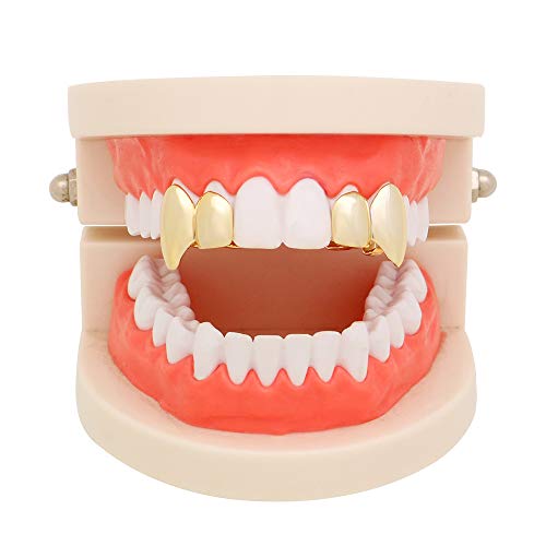2 Pcs 18K Gold Plated Double Tooth Cap Hip Hop Teeth Grillz Vampire Fangs Grills Set for Men Women Party Accessories Teeth Grills (01, Gold), Gold, Silver, Rose Gold, Black, One Size